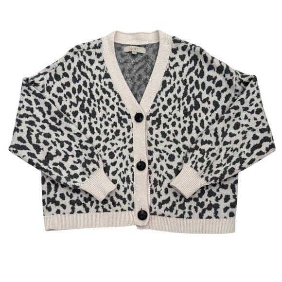 Loft Leopard Print Cardigan Sweater Size Large Gray Cream Cotton Chic Neutral - Picture 3 of 7
